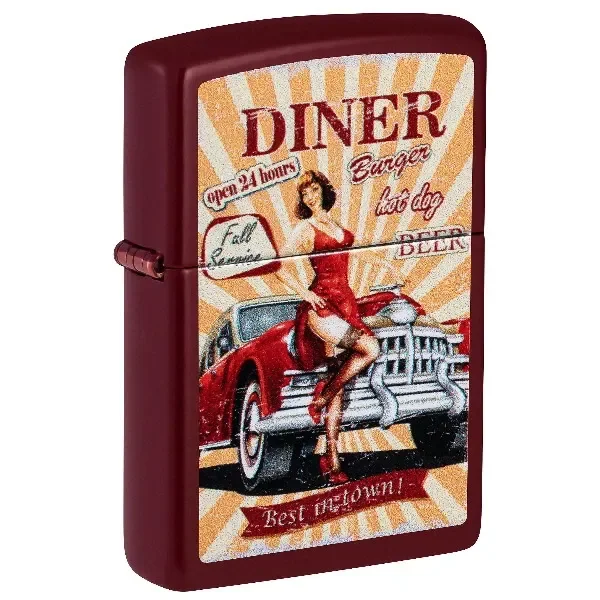 Encendedor Zippo burdeos cerrado, con diseño retro American Diner: una mujer vestida de rojo junto a un coche clásico y el texto DINER.