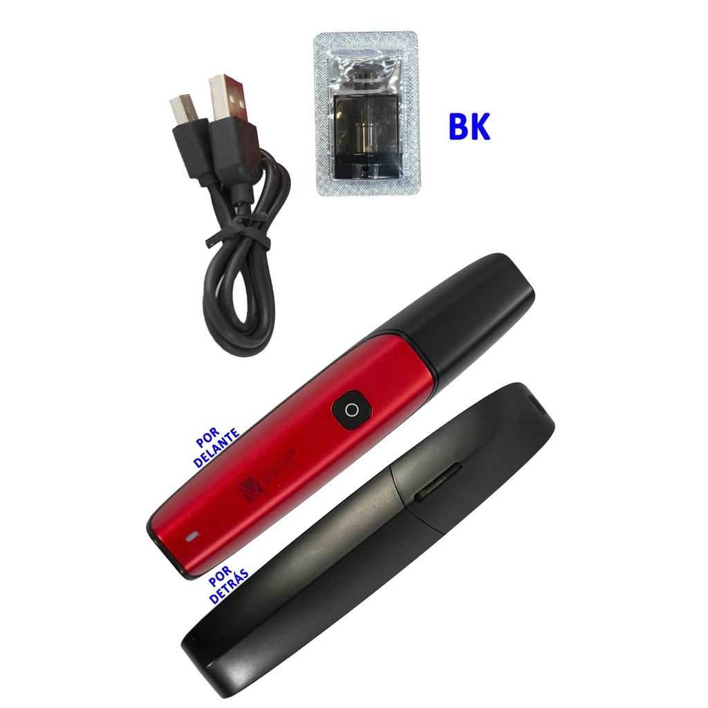 Vistas frontal roja y posterior negra del Vaptio C-Flat, con boquilla negra, cable USB y cartucho en blíster.