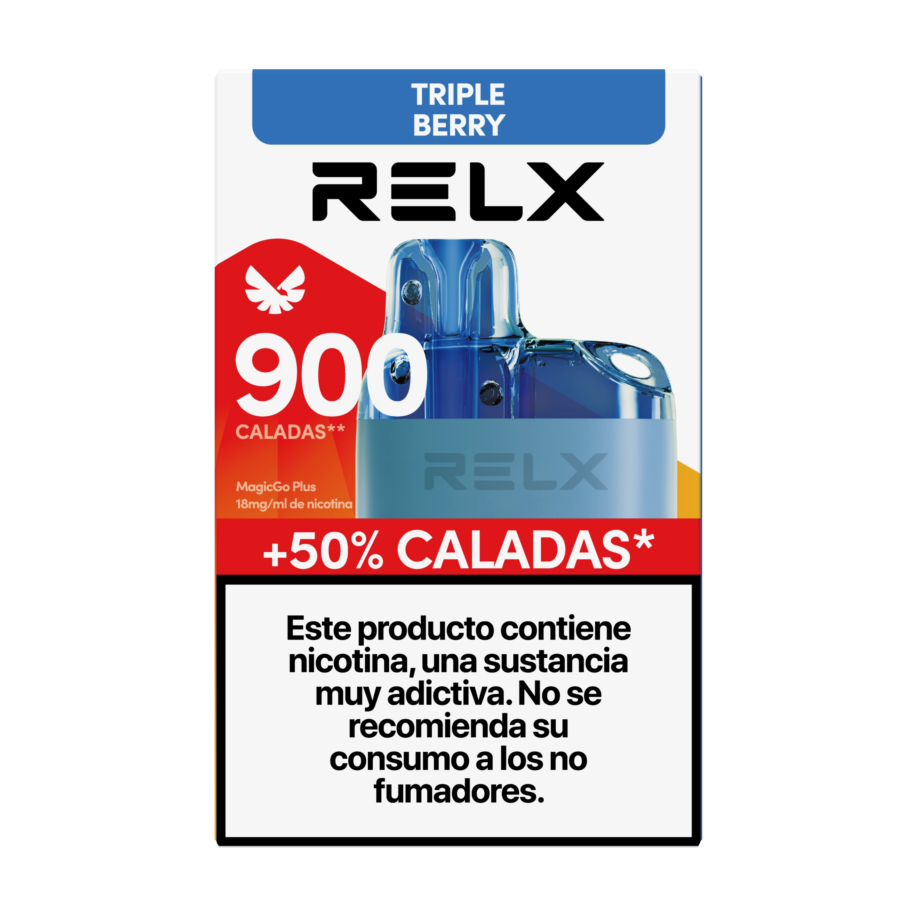 Envase RELX Triple Berry MagicGo Plus con dispositivo azul, textos de 900 caladas y 18 mg/ml de nicotina, y advertencia sobre adicción.
