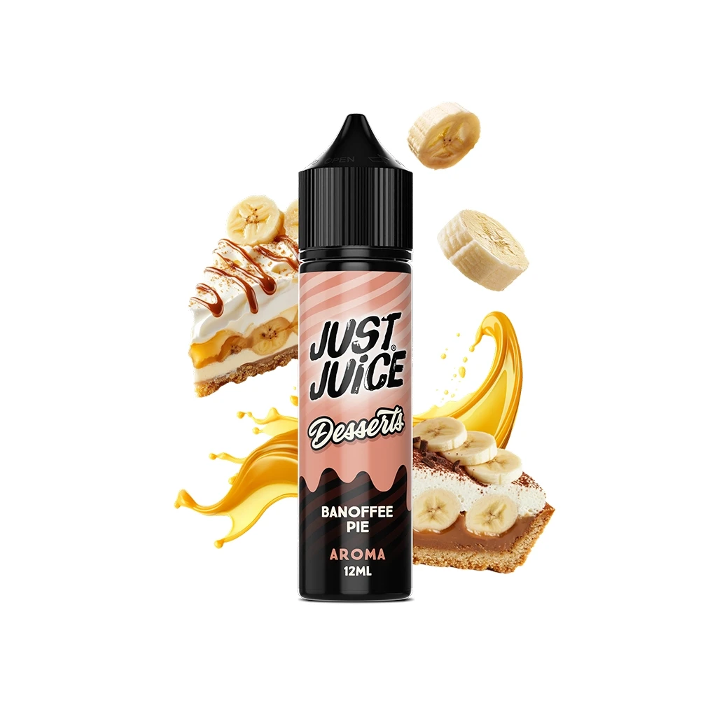 Bote Just Juice Desserts Banoffee Pie de 12 ml con tapón negro, rodeado de porciones de tarta, rodajas de plátano y formas doradas.