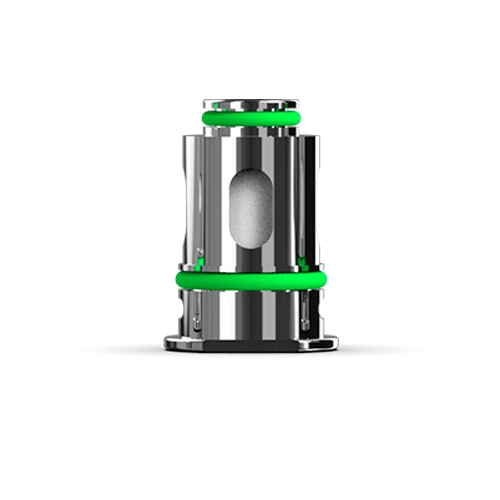 Resistencia Eleaf GTL Coil en posición vertical, con cuerpo metálico plateado, abertura lateral ovalada y juntas verdes sobre fondo blanco.
