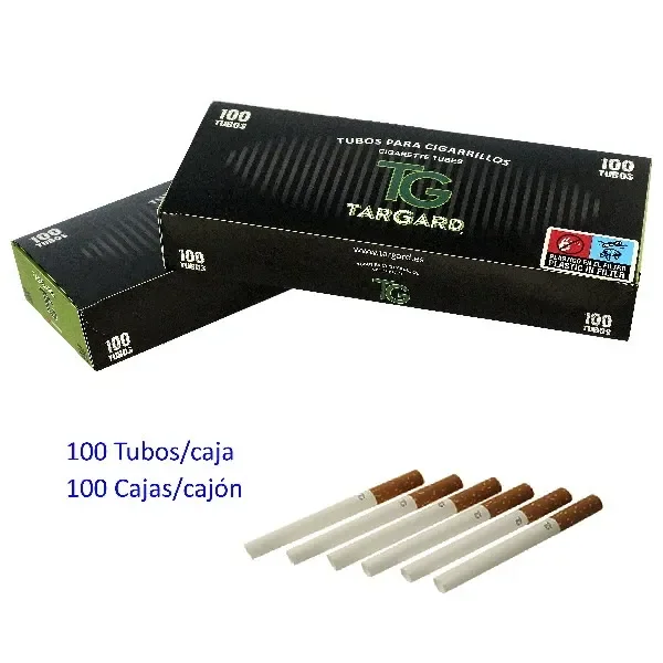 Cajas negras y verdes Tar Gard junto a varios tubos blancos con filtro marrón; texto de 100 tubos por caja y 100 cajas por cajón.