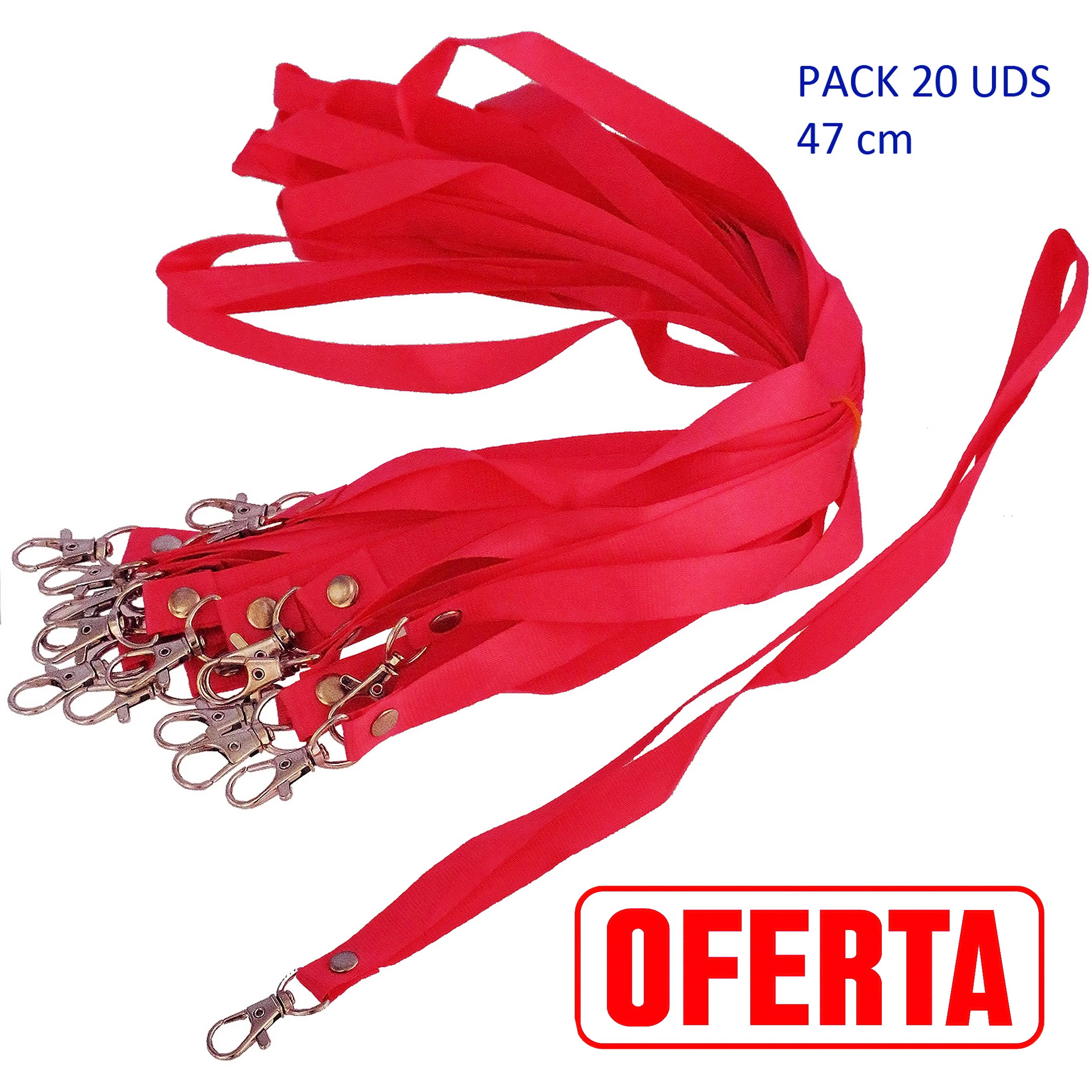 Lanyards rojos de 47 cm con mosquetones metálicos, agrupados sobre fondo blanco y con una cinta extendida en diagonal.