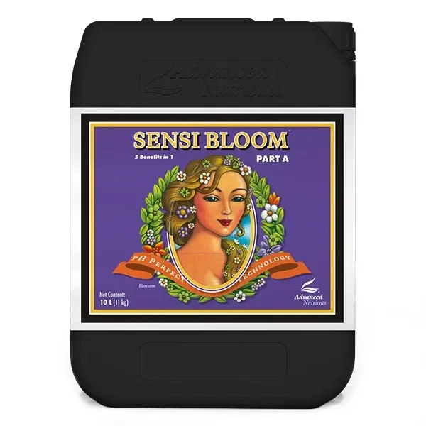 Bidón negro de pH Perfect Sensi Bloom A de Advanced Nutrients, con etiqueta morada y retrato femenino rodeado de flores.