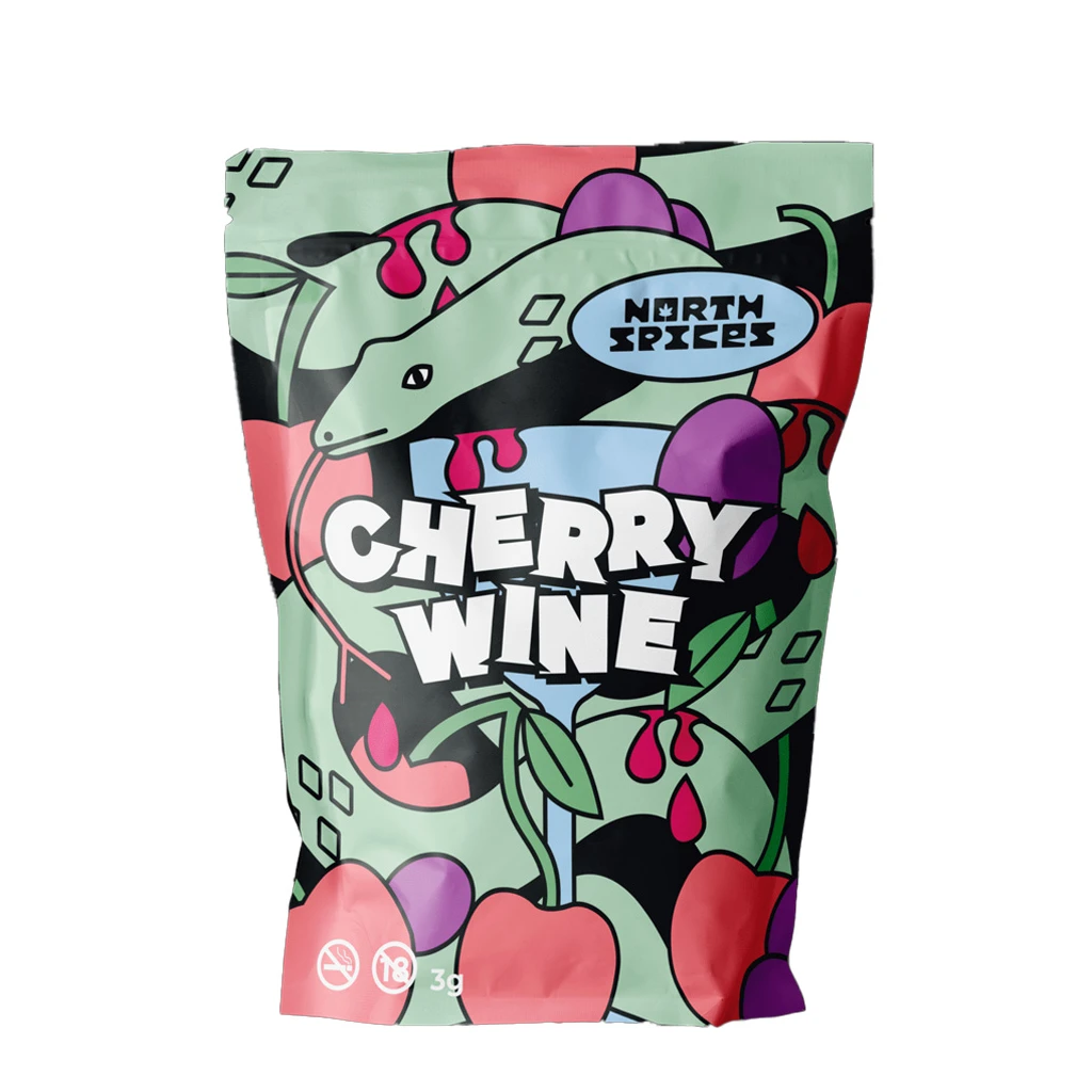 Bolsa North Spices Cherry Wine con ilustraciones de cerezas y una serpiente verde, nombre en letras blancas y etiqueta de 3 g.