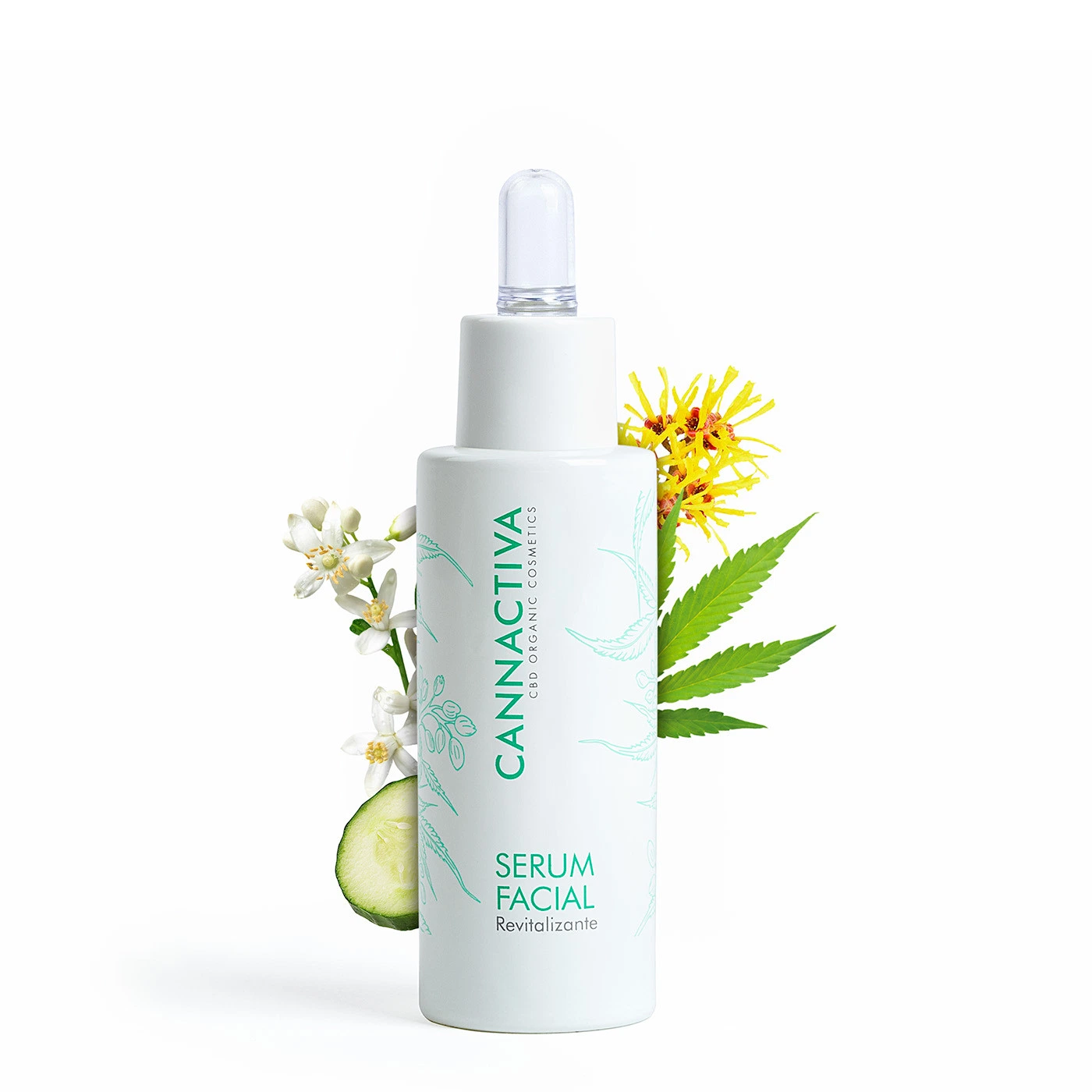 Frasco blanco de sérum facial Cannactiva con cuentagotas y letras verdes, acompañado de flores, hojas y una rodaja de pepino.