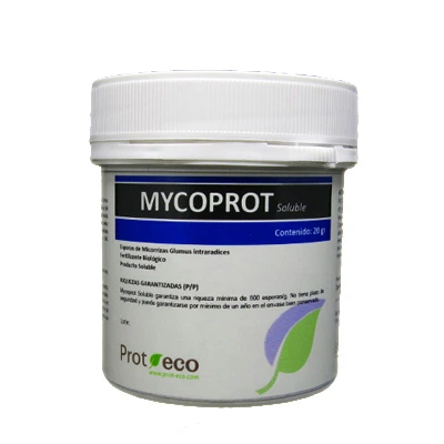 Bote blanco de Mycoprot Soluble de Prot Eco, con tapa estriada y etiqueta de franjas azules, hoja verde e indicación de contenido de 20 g. Bote blanco de Mycoprot Soluble de Prot Eco, con tapa estriada y etiqueta de franjas azules, hoja verde e indicación de contenido de 20 g.