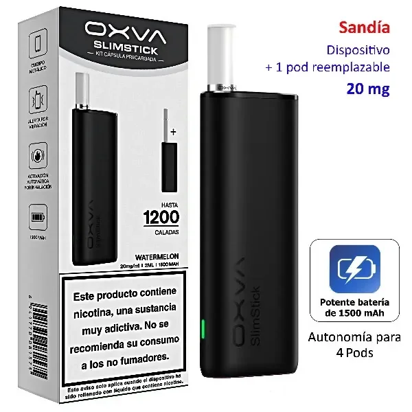 OXVA SlimStick negro con boquilla blanca junto a su caja, con indicaciones de sandía, 20 mg y batería de 1500 mAh.