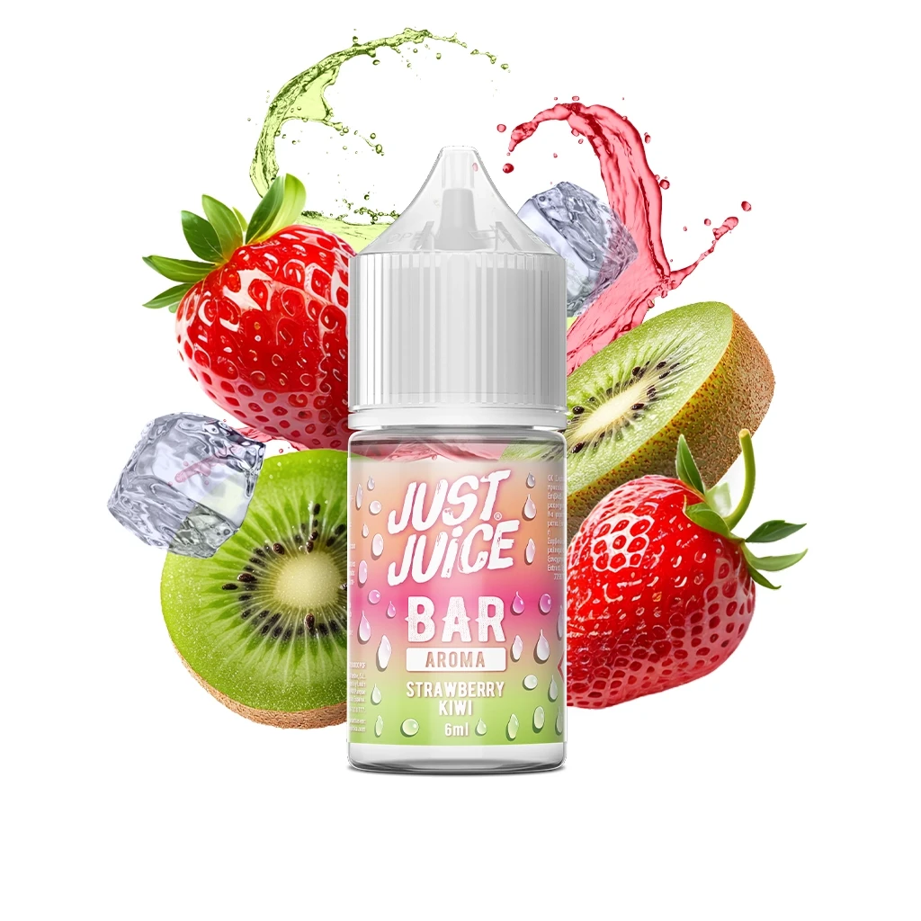 Frasco Just Juice Bar Strawberry Kiwi de 6 ml, rodeado de fresas, kiwis cortados, cubitos de hielo y salpicaduras de colores.