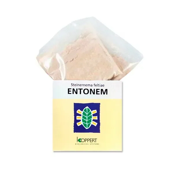 Envase de Entonem de Koppert con la inscripción Steinernema feltiae, delante de una bolsa translúcida con contenido beige.
