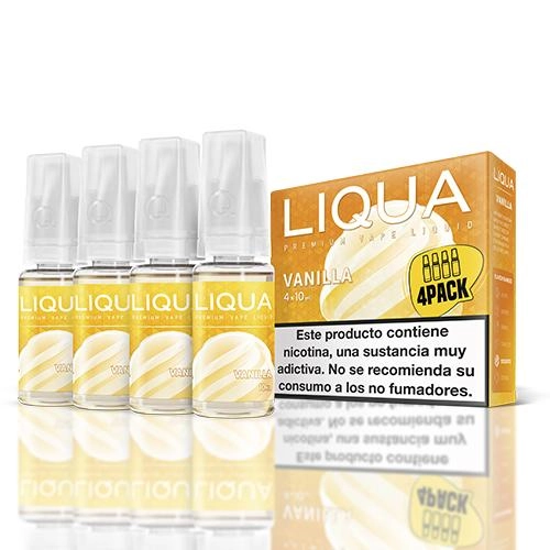 Frascos de Liqua Vanilla con tapones blancos junto a una caja amarilla marcada 4PACK, sobre una superficie reflectante.