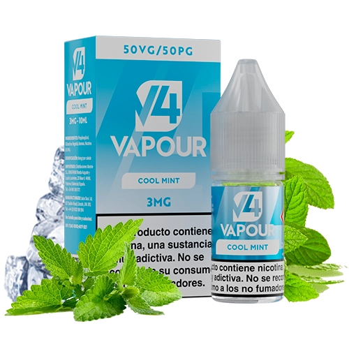 Frasco y caja turquesa de V4 Vapour Cool Mint, con indicaciones 3 mg y 50VG/50PG, rodeados de hojas de menta y hielo.