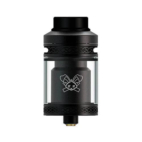 Atomizador Hellvape Dead Rabbit V2 RTA negro, con depósito transparente, logotipo de conejo y bandas con motivos entrelazados.