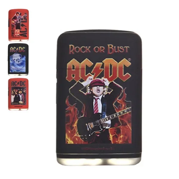 Selección de mecheros AC/DC con distintos diseños; destaca uno negro con el texto Rock or Bust y un guitarrista entre llamas ilustradas.
