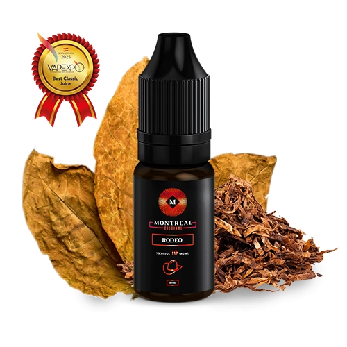 Frasco oscuro de Montreal Original Rodeo con tapón negro, hojas secas y tabaco picado; medalla ilustrada en la esquina superior.