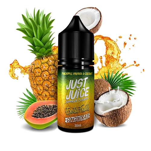 Frasco Just Juice Exotic Fruits de 30 ml con tapón negro, rodeado de piña, papaya y coco, con una salpicadura naranja al fondo.