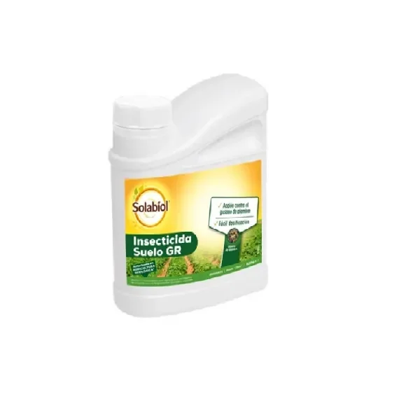 Envase blanco de insecticida de suelo Solabiol, con tapón lateral y etiqueta amarilla y verde, sobre fondo blanco.
