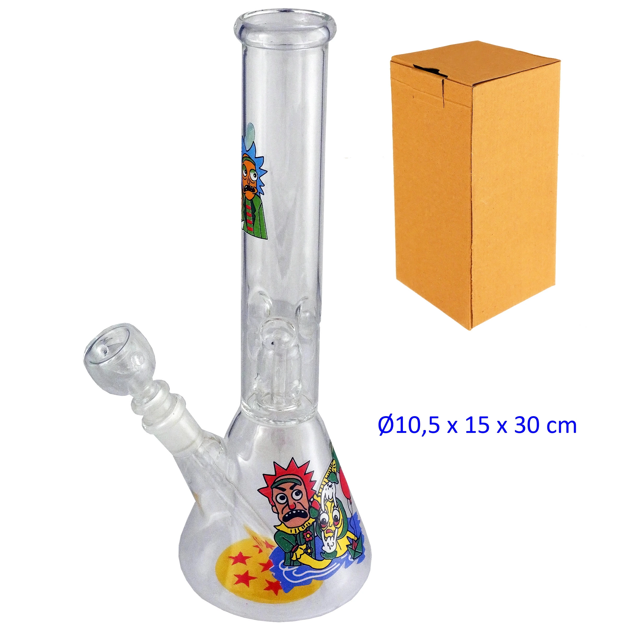 Bong transparente con base ensanchada, tubo recto y cazoleta lateral, decorado con personajes de dibujos; caja marrón al lado.