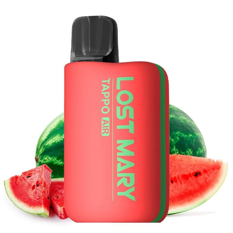 Vaper Lost Mary rojo con franja verde, boquilla negra e inscripción Tappo Air, delante de una sandía y varias porciones cortadas.