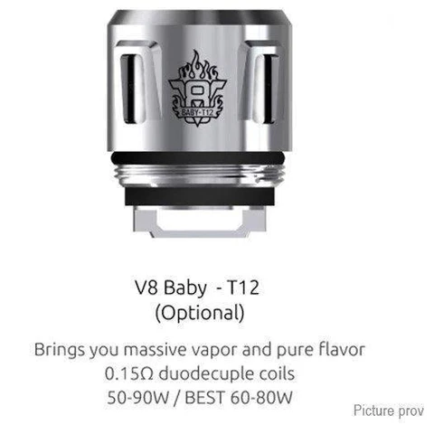 Resistencia SMOK V8 Baby-T12 plateada con rosca y juntas negras; el texto indica 0,15 Ω, rango de 50 a 90 W y recomendado de 60 a 80 W.