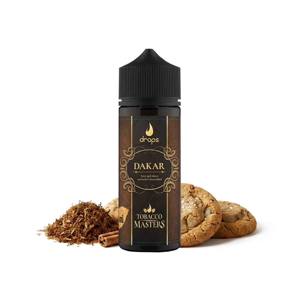 Frasco Drops Tobacco Masters Dakar con tapón negro y etiqueta dorada, junto a tabaco picado, canela y galletas sobre fondo blanco.