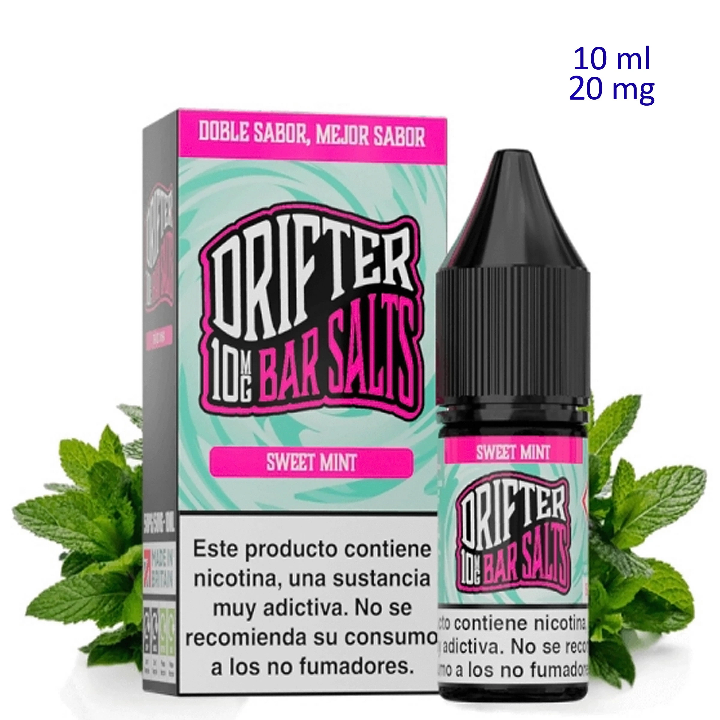 Frasco y caja de Sweet Mint Drifter Bar Salts en verde menta y rosa, con advertencia sobre nicotina y hojas de menta alrededor.