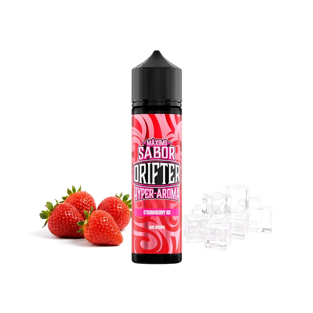 Frasco Drifter Hyper Strawberry Ice con etiqueta rosa y tapón negro, acompañado de fresas y cubitos de hielo sobre fondo blanco.