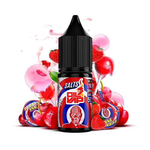 Frasco de e-líquido Oil4Vap Salts Bubble Jak con tapón negro y etiqueta roja, rodeado de fresas, cerezas, piruletas y burbujas rosas.