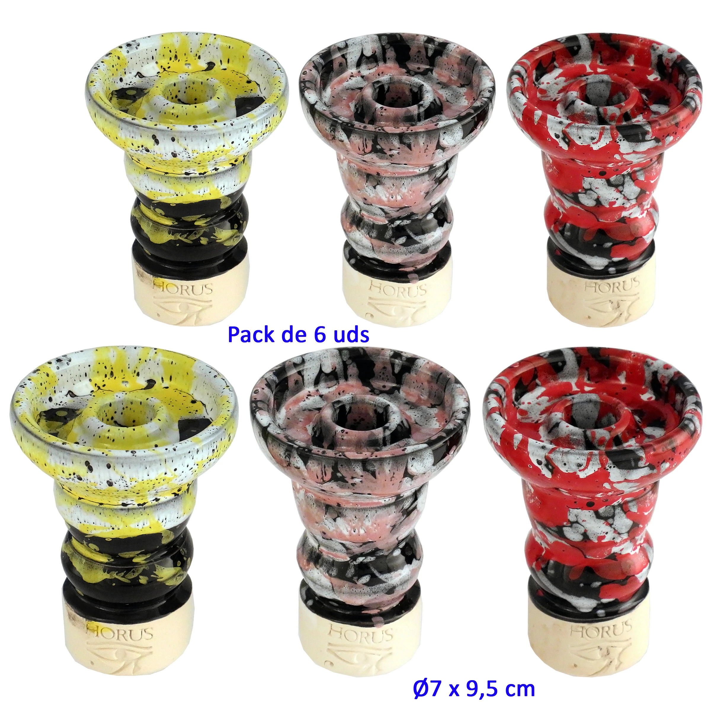 Selección de cazoletas con orificio central, acabado jaspeado en amarillo, rosa o rojo con negro y blanco, y bases doradas con inscripción Horus.