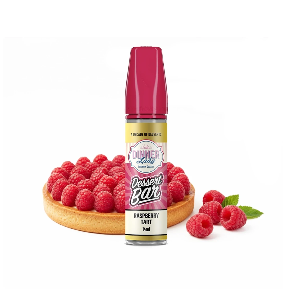 Frasco Dinner Lady Dessert Bar Raspberry Tart de 14 ml con tapón rojo, delante de una tartaleta de frambuesas y frutas sueltas.