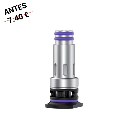 Resistencia Geekvape J Coil en posición vertical, con cuerpo plateado, aberturas laterales, juntas moradas y base negra.