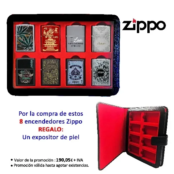 Selección de encendedores Zippo con distintos diseños en un expositor rojo y negro, junto a una vista del estuche abierto.