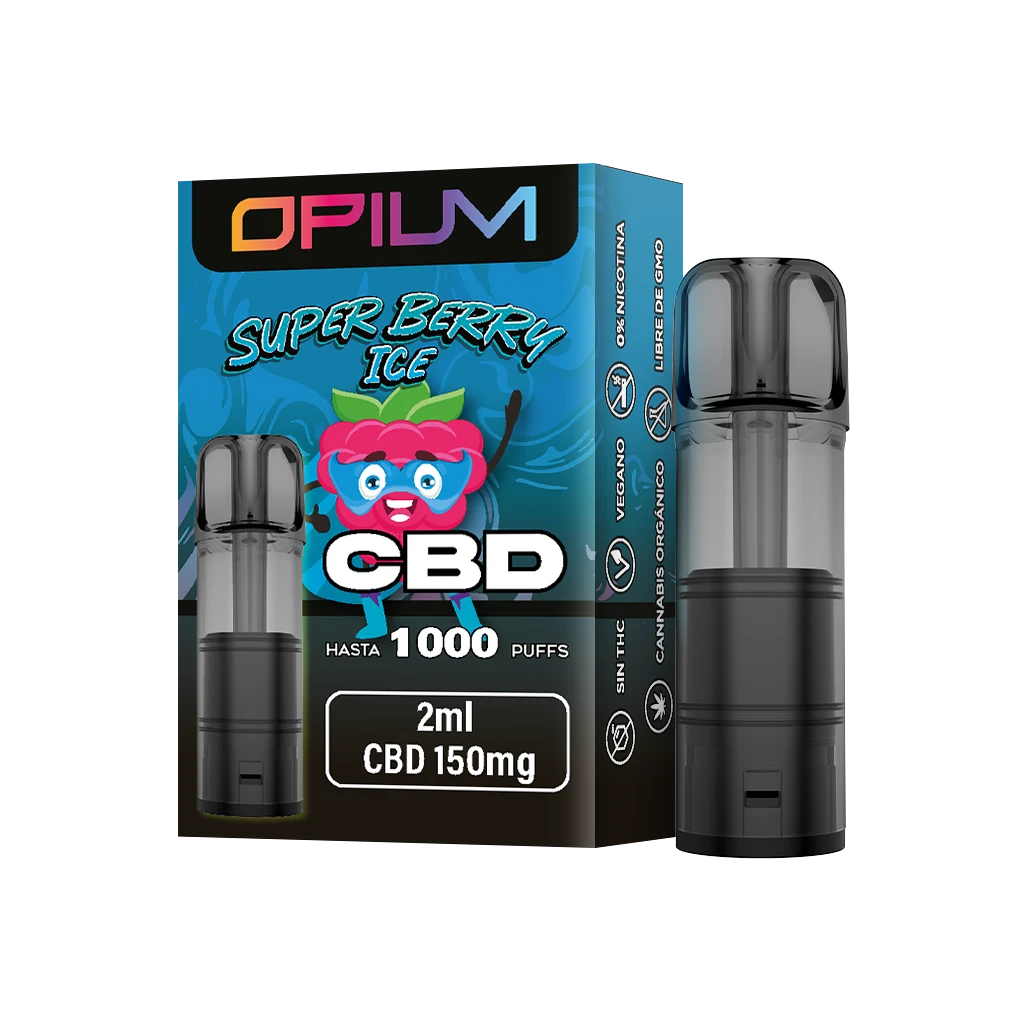 Cartucho Super Berry Ice de Opium junto a su caja azul y negra, con una baya ilustrada y las indicaciones 2 ml y CBD 150 mg.