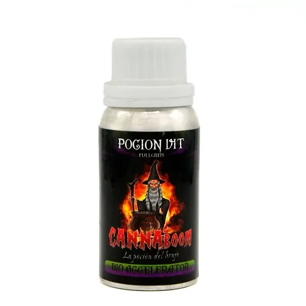 Bote de Poción Vit Cannaboom con tapón blanco y etiqueta negra decorada con un mago entre llamas y el texto «Bio Accelerator».
