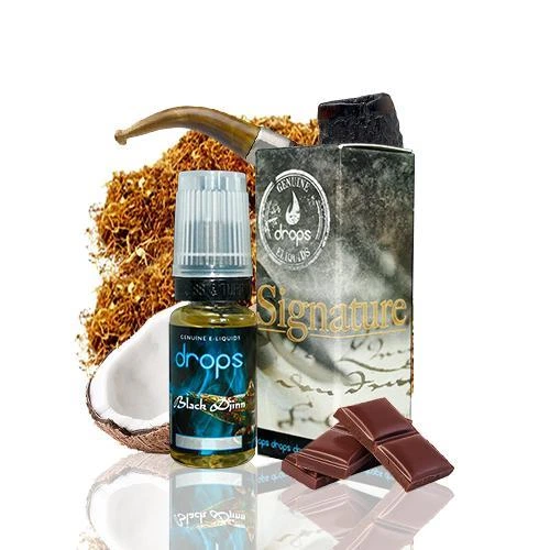 Frasco de Drops Signature Black Djinn junto a su caja, rodeado de coco, chocolate, tabaco y una pipa sobre fondo blanco.