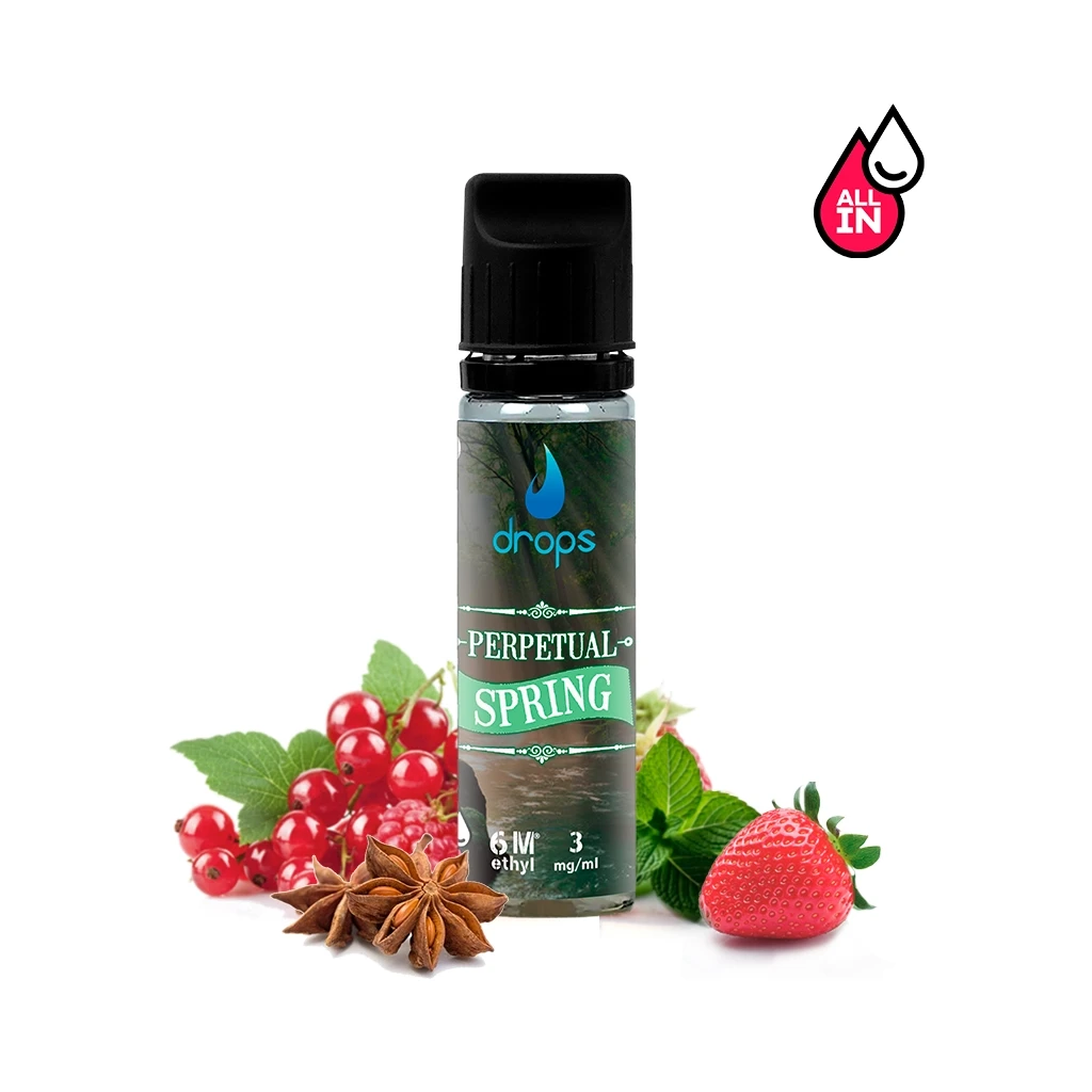 Frasco de Drops Perpetual Spring con tapón negro, junto a fresas, grosellas rojas y anís estrellado; logotipo All In en la esquina.