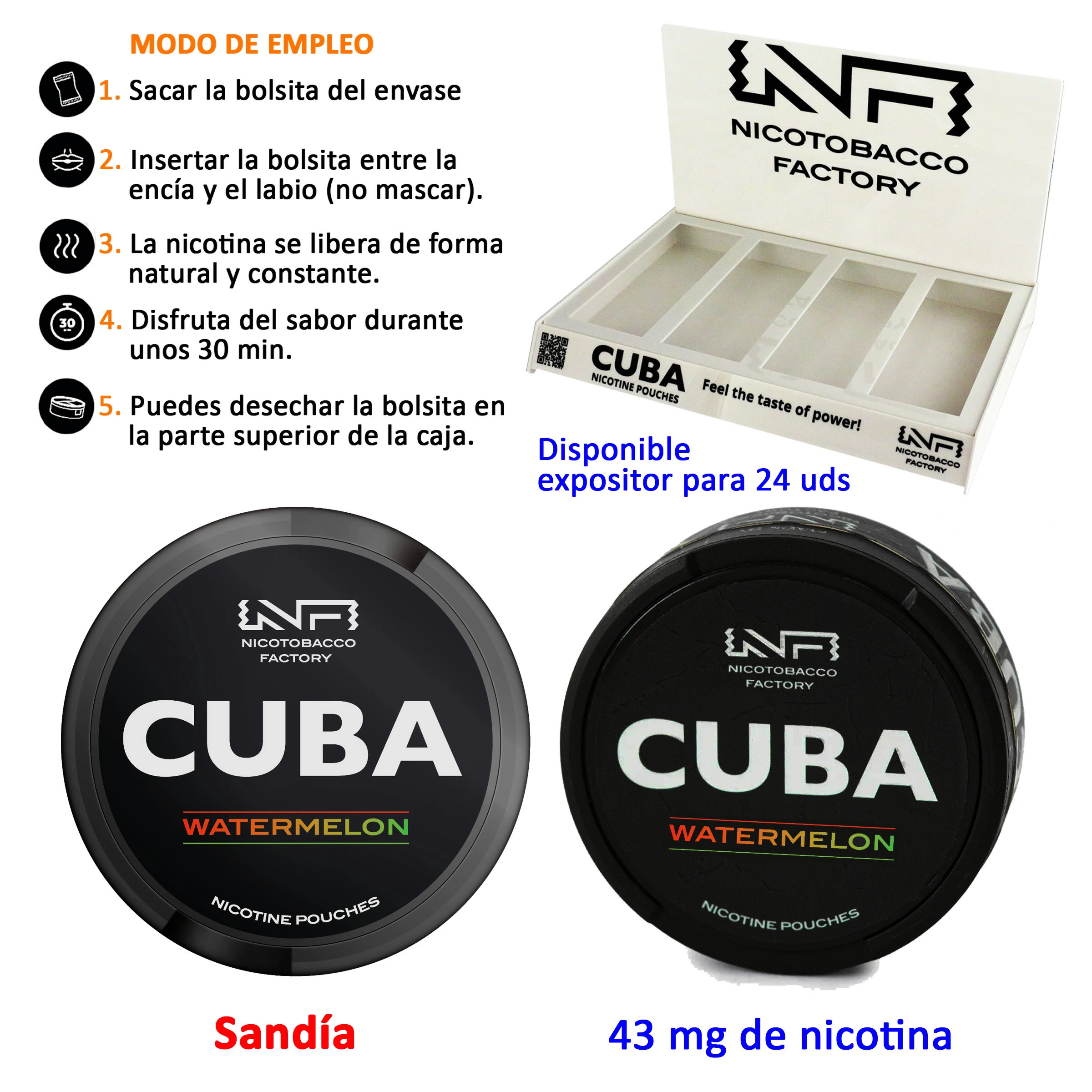 Envases negros CUBA Watermelon de bolsas de nicotina, con indicación de 43 mg, expositor blanco e instrucciones de uso.