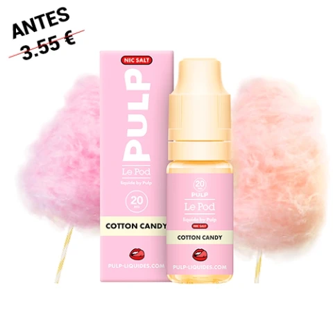 Frasco de e-líquido Pulp Le Pod Salts Cotton Candy con tapón amarillo y caja rosa, junto a algodones de azúcar.