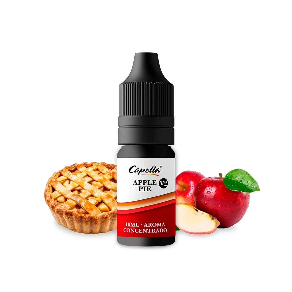 Frasco de aroma Capella Apple Pie V2 de 10 ml con tapón negro, acompañado de una tarta de manzana y manzanas rojas.