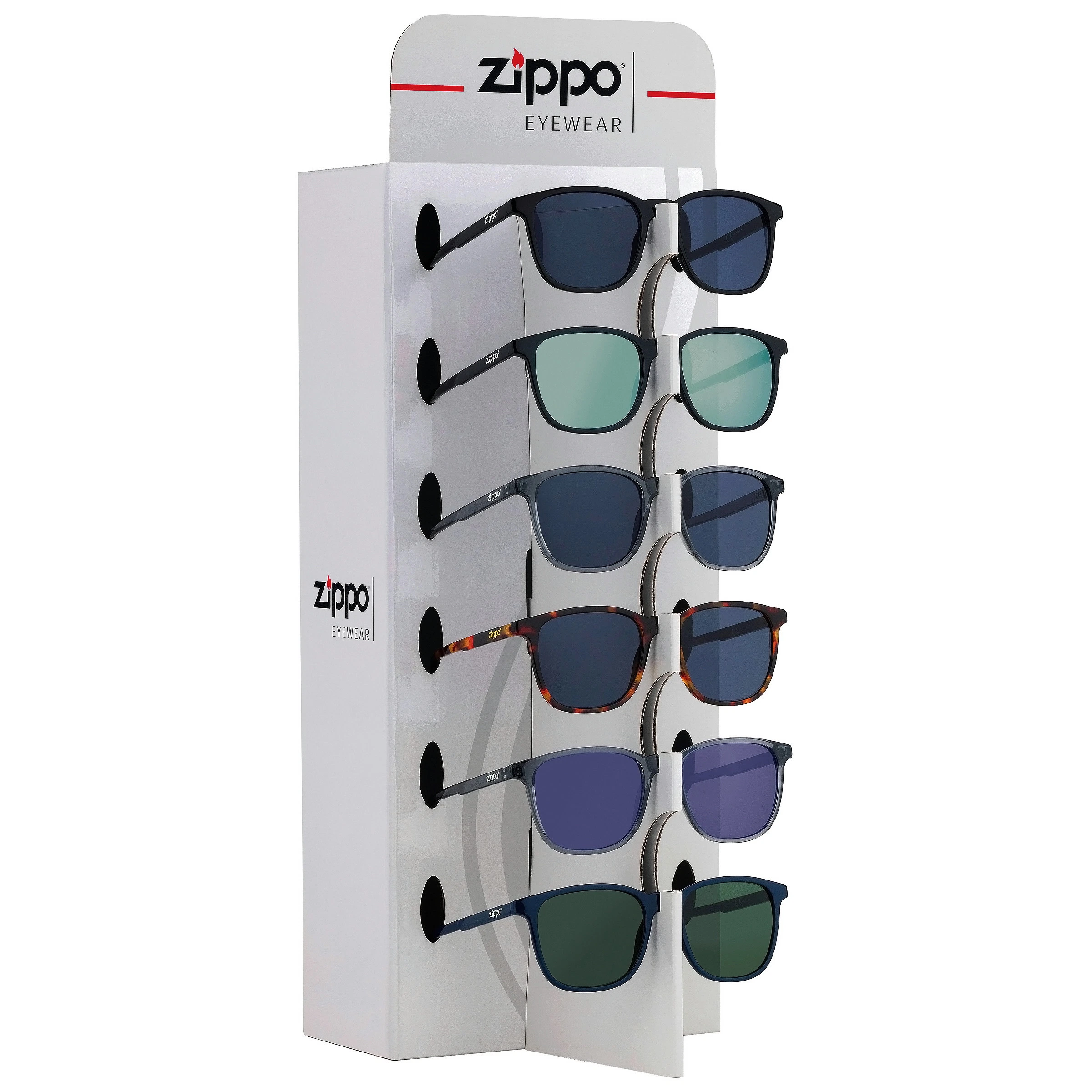 Expositor blanco Zippo Eyewear con varias gafas de sol de distintas monturas y lentes en tonos oscuros, verdes y violetas.