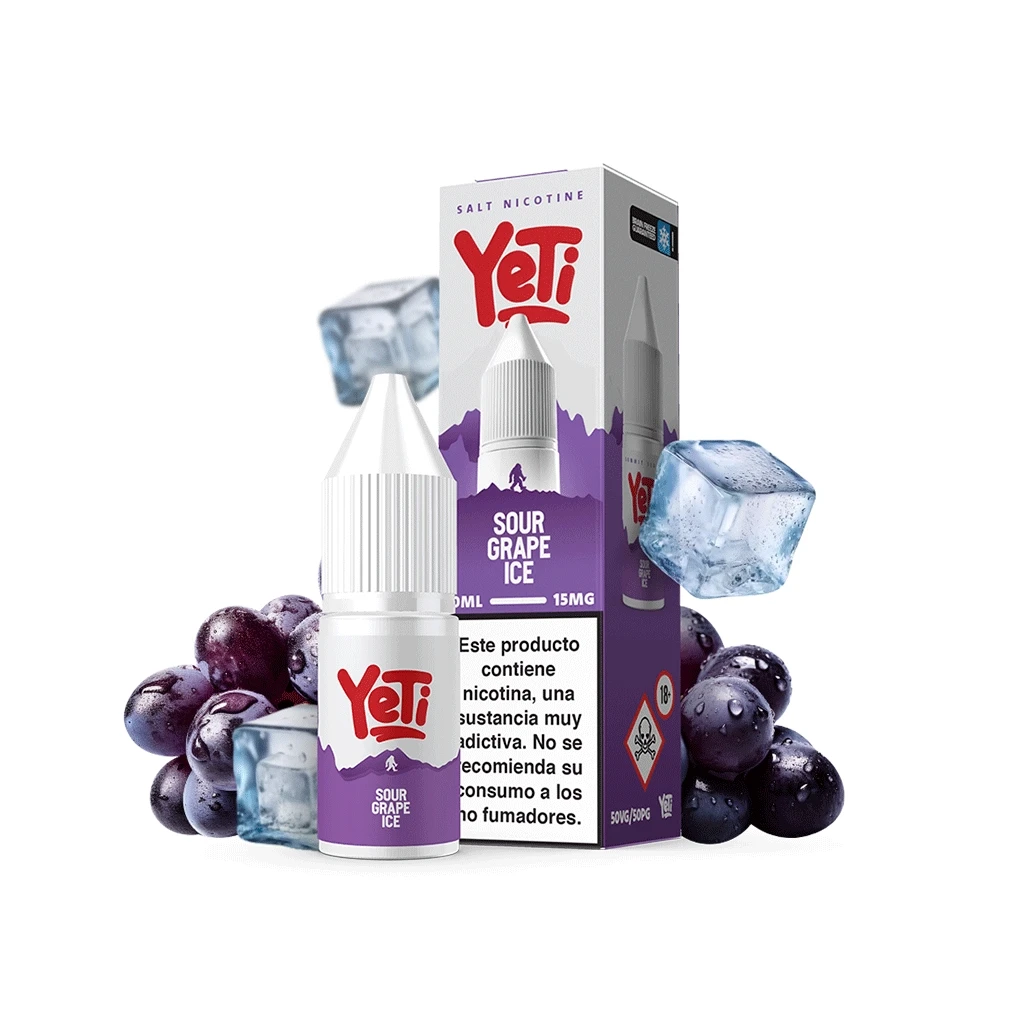 Frasco y caja de Yeti Sour Grape Ice, con etiquetas blancas y moradas, rodeados de uvas oscuras y cubitos de hielo.