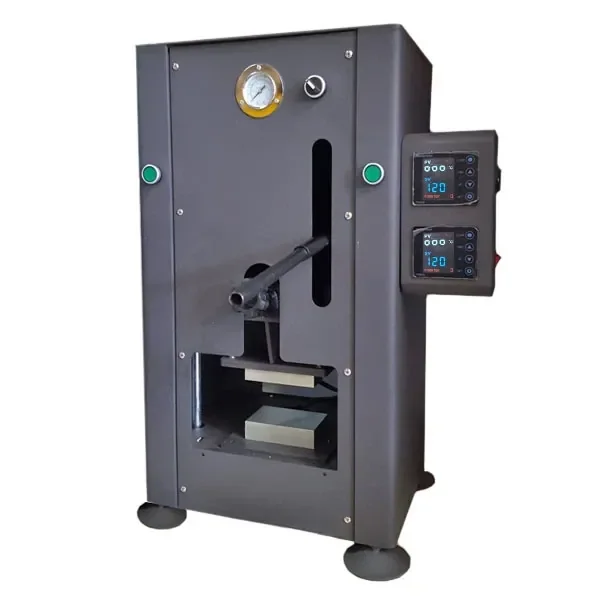 Prensa Rosin de estructura negra, con manómetro superior, palanca frontal, placas enfrentadas y dos controladores digitales laterales. Prensa Rosin de estructura negra, con manómetro superior, palanca frontal, placas enfrentadas y dos controladores digitales laterales.