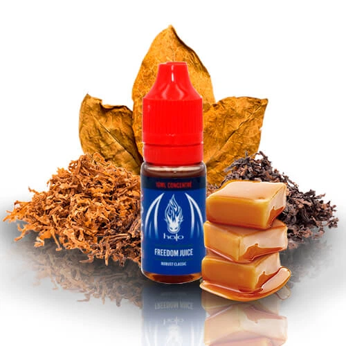 Frasco Halo Freedom Juice con tapón rojo y etiqueta azul, acompañado de hojas secas, tabaco picado y caramelos apilados.