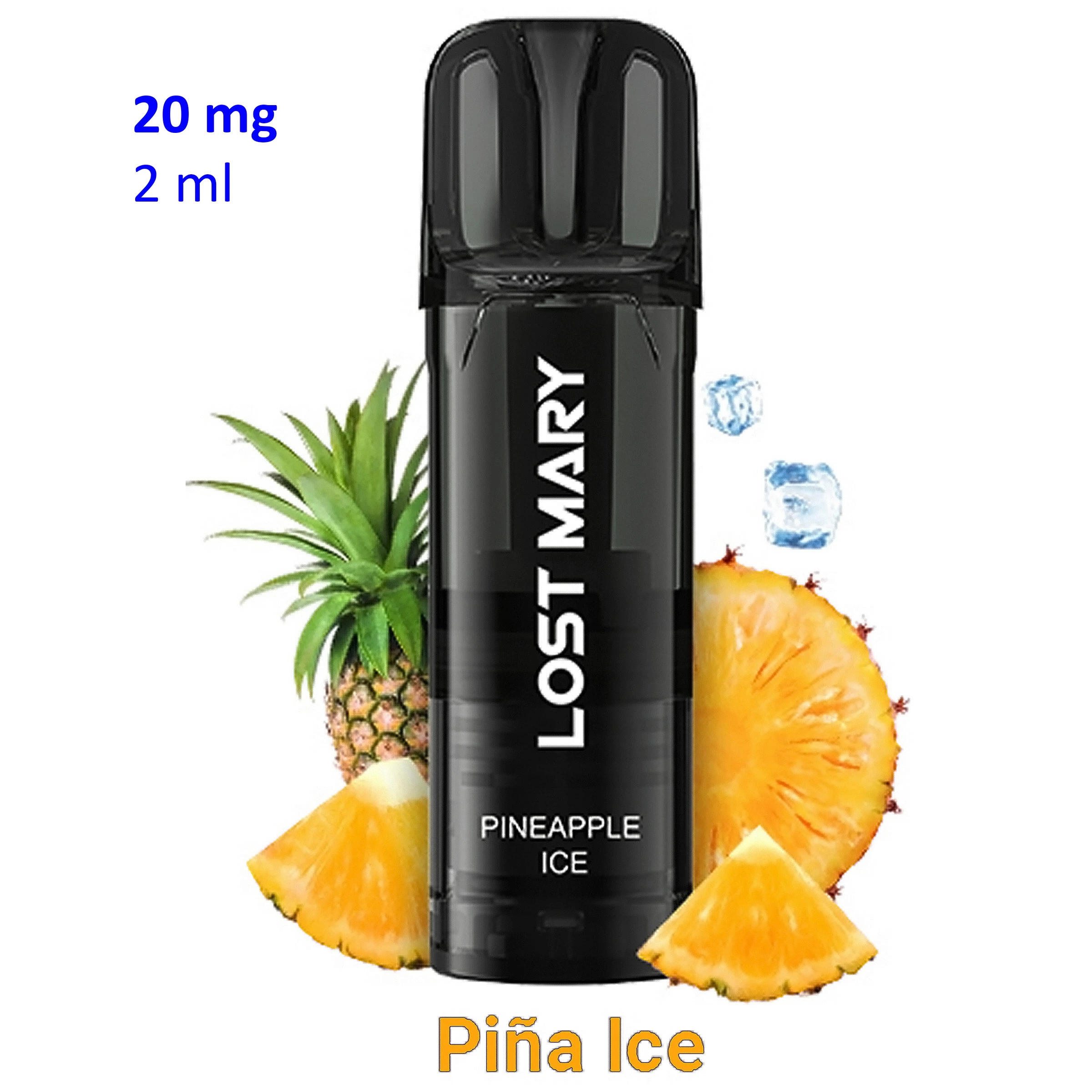 Pod negro Lost Mary Pineapple Ice con piña y cubitos de hielo alrededor; aparecen las indicaciones 20 mg y 2 ml.
