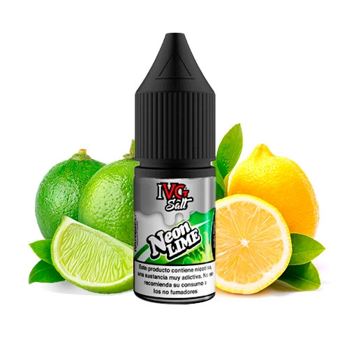 Frasco IVG Salt Neon Lime con tapón negro estriado, rodeado de limas, limones y hojas verdes sobre fondo blanco.