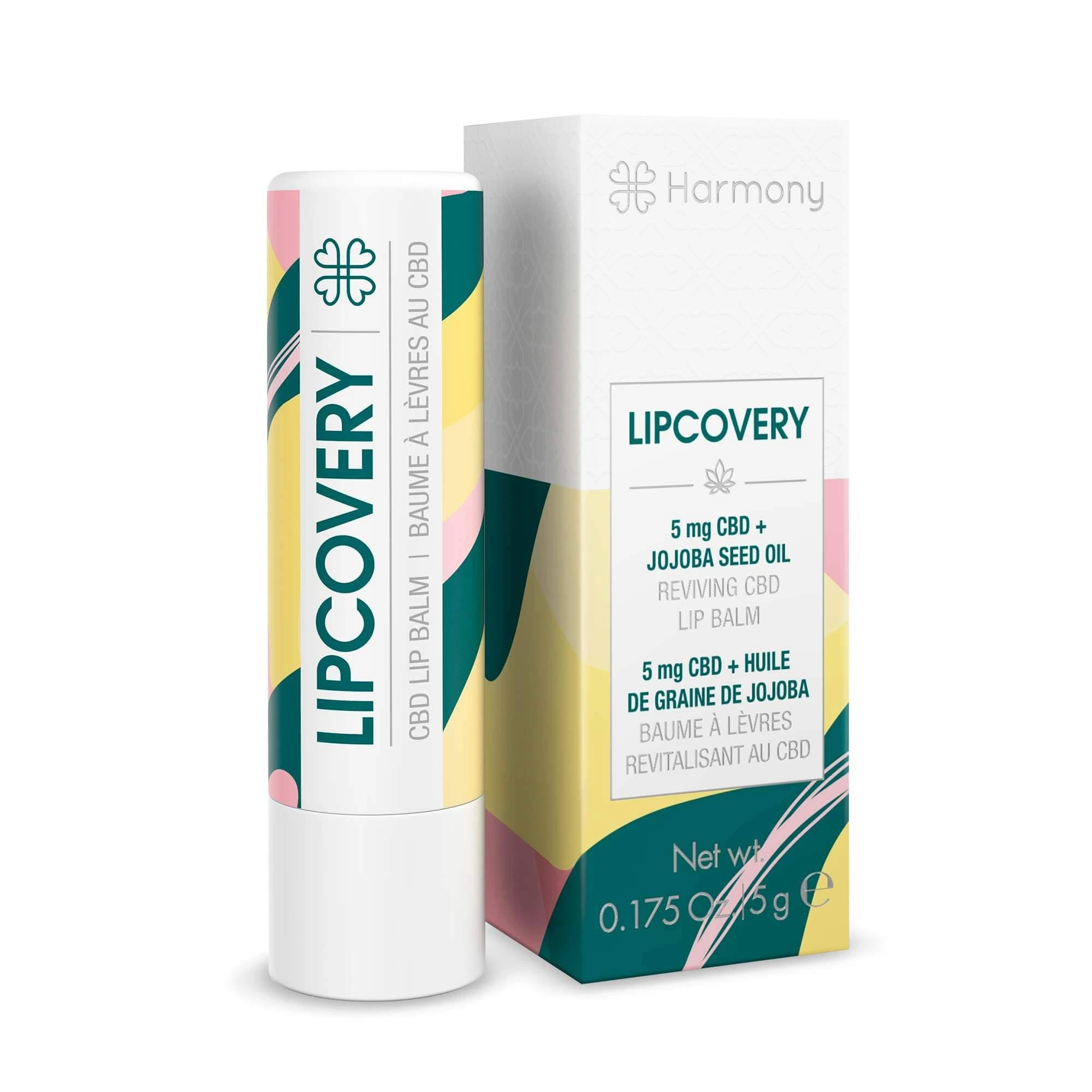 Bálsamo labial Lipcovery de Harmony junto a su caja, con diseño blanco, verde, amarillo y rosa y etiqueta de 5 mg de CBD.