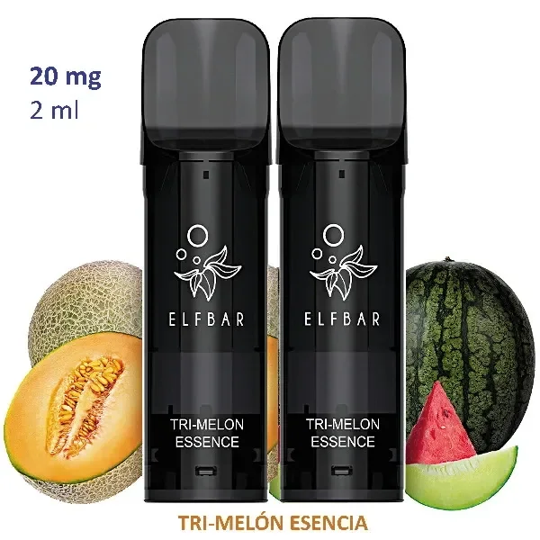 Dispositivos negros Elfbar Tri-Melon Essence junto a melones y sandía cortados, con las indicaciones visibles de 20 mg y 2 ml.