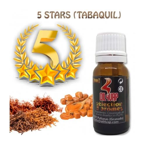 Frasco de aroma 5 Stars Oil4Vap con tapón blanco, junto a tabaco, caramelos y un emblema dorado con un cinco y estrellas.
