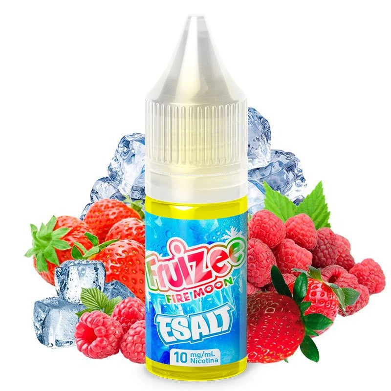 Frasco de Fire Moon E-Salt con etiqueta azul de 10 mg/ml de nicotina, rodeado de fresas, frambuesas y cubitos de hielo.