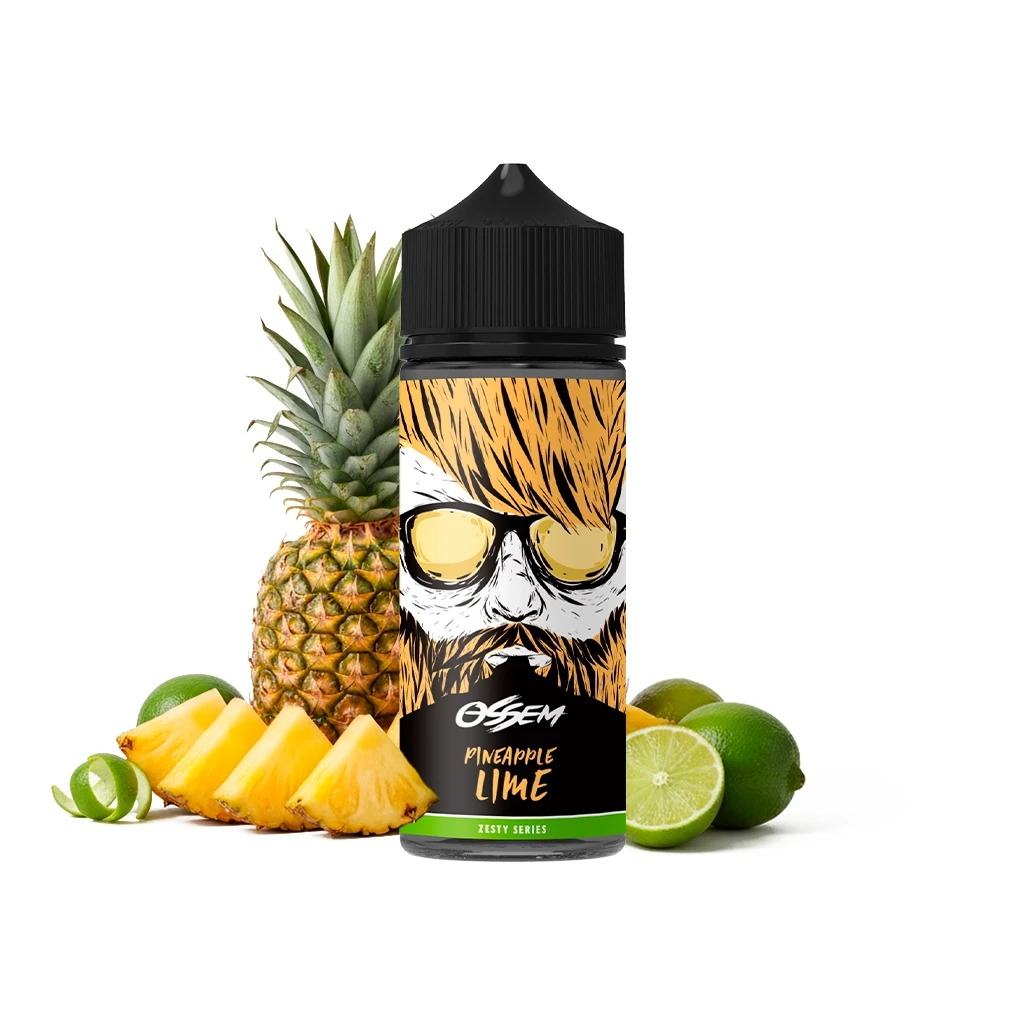 Bote Ossem Pineapple Lime con tapón negro y etiqueta de rostro con gafas, rodeado de piña cortada y limas sobre fondo blanco.